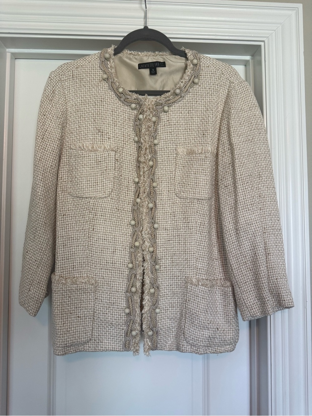 Lafayette 148 Cream Textured Tweed Jacket - beautiful wood bead detailing
